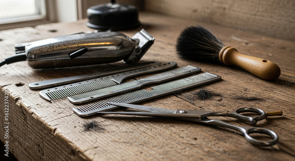 Naklejka premium Classic barbershop setup featuring traditional grooming tools laid out on aged wooden table, with visible hair trimmings and retro clipper, evoking an authentic workshop mood