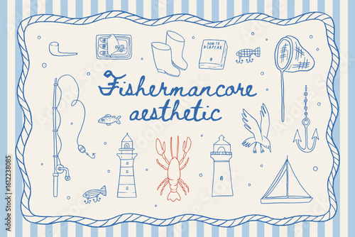 Fishermancore aesthetic whimsical line art illustration set. Nautical elements: fishing rod, boat, lighthouse, lobster, fish, sardines, seagull. Hand drawn vintage coastal design. Summer sea vector.
