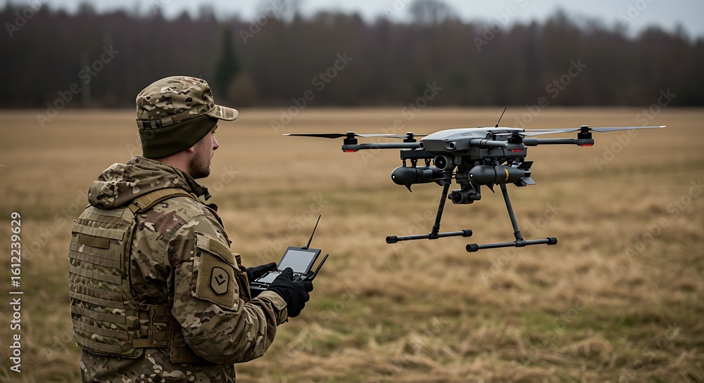 Fototapeta premium Soldier in uniform operating a large military-grade drone with a remote control, concept of modern unmanned aerial warfare and surveillance.