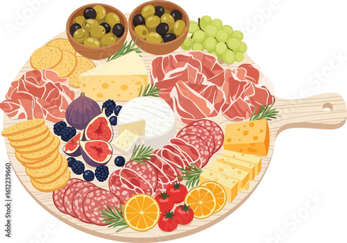 A wooden charcuterie board filled with cheese, meats, fruits, olives, and crackers on white background