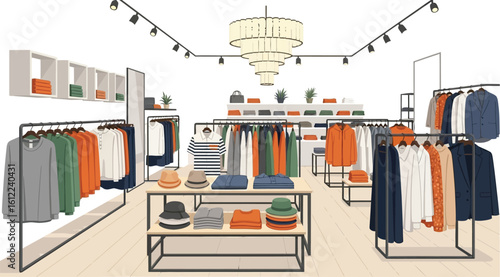 A clothing store interior with racks of clothes and shelves with folded garments on display well lit