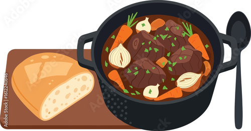 Illustration of beef stew in a black pot with carrots and onions next to bread and a spoon
