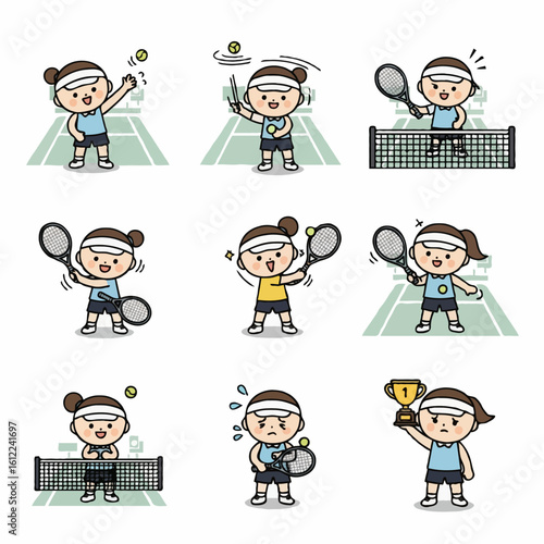 Set of cute cartoon girl tennis player character in various poses. Collection of a female athlete mascot showing actions like serving, hitting, and winning a trophy.