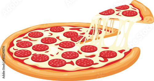 Illustration of a pepperoni pizza with a slice being pulled away showing melted cheese strands