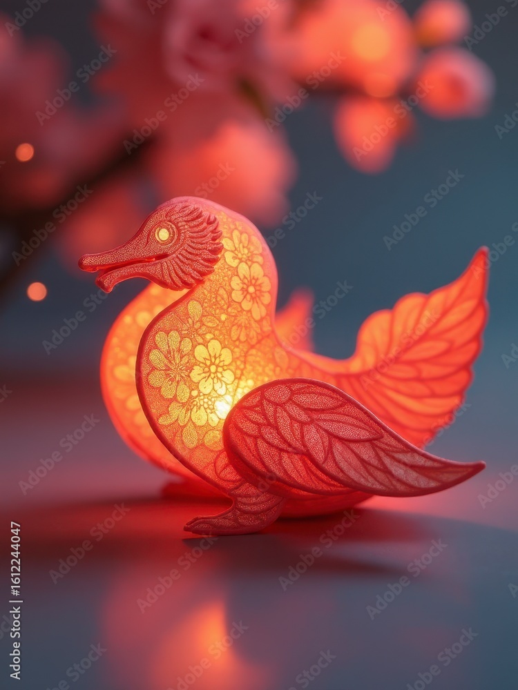 Obraz premium Glowing bird lantern with warm lights and autumn leaves creates a cozy festive atmosphere.