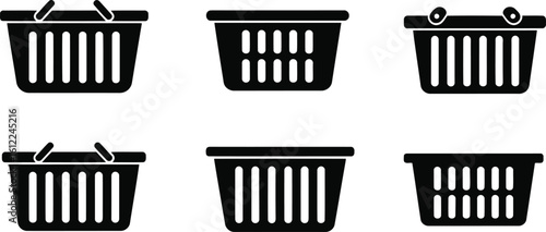Laundry Basket Silhouette Icon Vector Set - Household, Storage, Cleaning