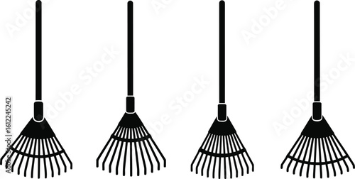 Leaf Rake Silhouette Icon Vector Set - Garden, Yard, Cleanup Tool