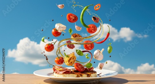 Food ingredients levitate above a plate