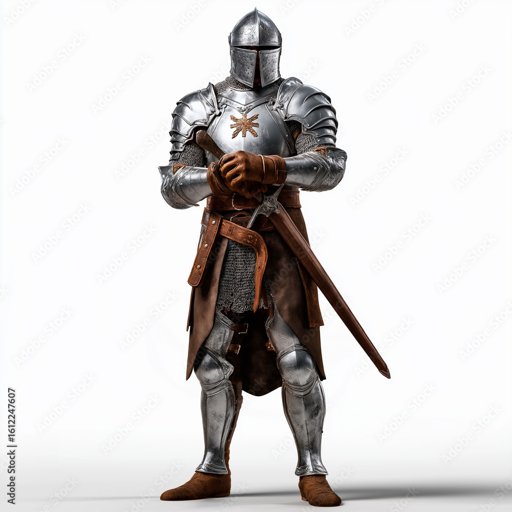 Fototapeta premium Medieval Knight Full Armor with Sword - Steel Plate Warrior Character Portrait