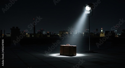 Suitcase illuminated at night