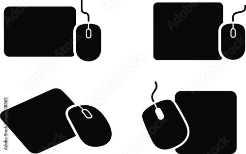 Mouse Pad Silhouette Icon Vector Set – Computer Accessory and Workstation Tool