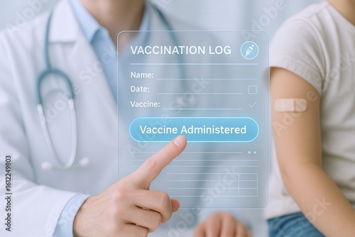 Doctor documenting child’s vaccination record for medical tracking and care