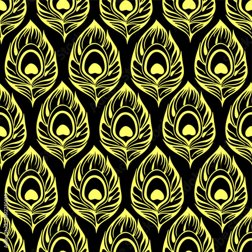 seamless pattern of yellow stylized peacock feathers on a black background, texture, design
