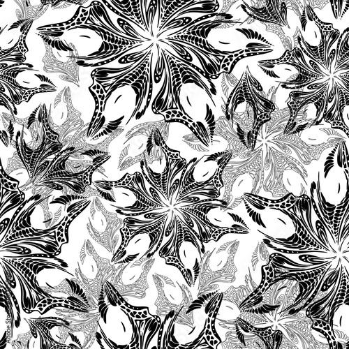 seamless black tracery of a pattern of abstract decorative elements on a gray background, texture, design