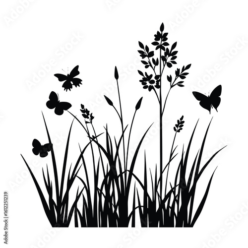 Black silhouette of wild grass and butterflies in meadow