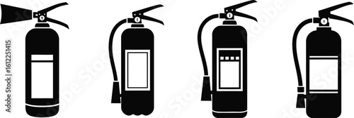 Fire Extinguisher Silhouette Icon Vector Set – Safety Device and Emergency Equipment