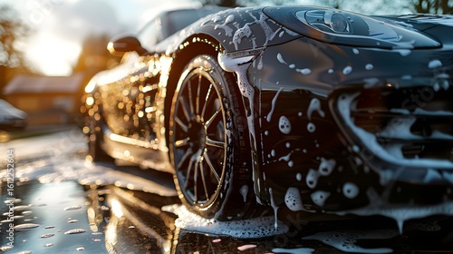 Black Car Washing With Soap Bubbles Close Up