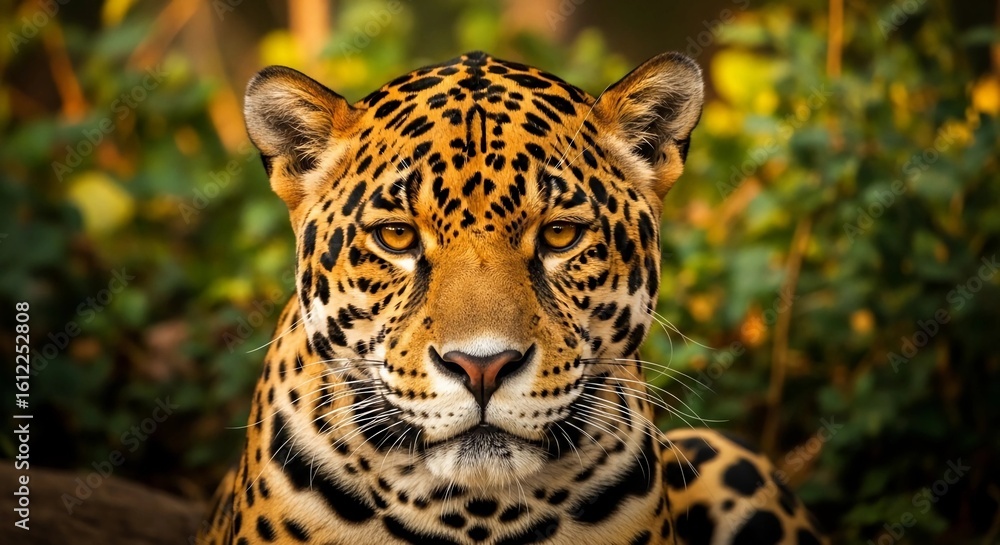 Obraz premium Majestic Jaguar Close-Up Portrait in Jungle Habitat – Intense Gaze and Golden Fur with Rosettes