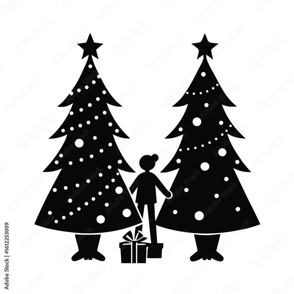 Obraz premium Boy with gifts between decorated christmas trees silhouette
