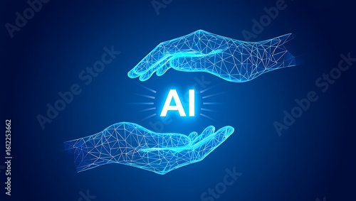 Two glowing hands cradling ai symbol on a dark blue background