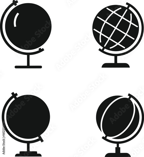 Globe Stand Silhouette Icon Vector Set – Educational Tool and World Model Base