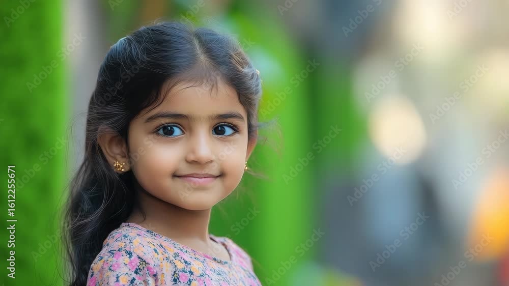 Young girl with long dark hair and golden earrings, smiling softly Young girl with long dark hair and golden earrings, smiling softly