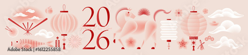 2026 Year of the Horse: Chinese New Year gradient geometric modern vector illustration. Lanterns, horse, clouds, fan, traditional elements, fish for icons and greeting card. Asian culture, holiday.