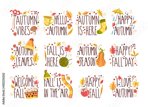 Autumn labels set with handwritten greeting text and seasonal attributes hand drawn elements