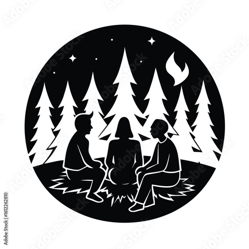 People sitting around campfire silhouette in forest
