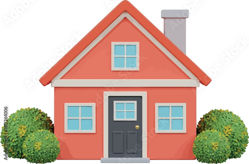 3D Render of a Charming Residential House with Bushes