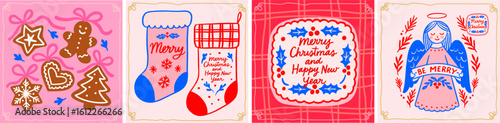 Merry Christmas and Happy New Year. Vector cute whimsical folk illustrations of sock, gingerbread, angel, holly, congratulations for greeting card, postcard, poster or background