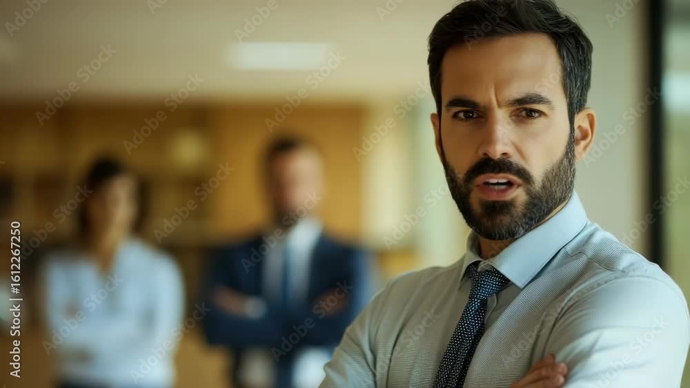 Serious bearded man in office with colleagues background Serious bearded man in office with colleagues background