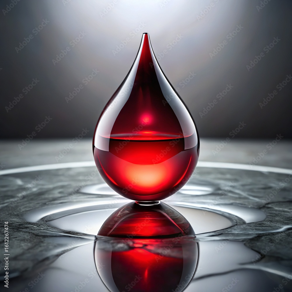 Obraz premium Red liquid drop on reflective surface
