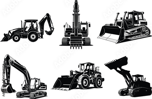 Excavator Silhouette Bundle - Heavy Machinery, Digger & Construction Equipment Vector Illustration. Construction Excavator, Heavy Equipment, Building Machine, Bulldozers, Backhoes.