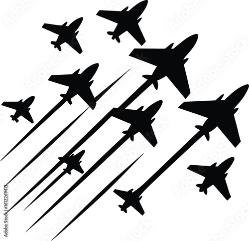 Formation Flying of Fighter Jets in a Precision Display new 2025 trendy silhouette vector in white background