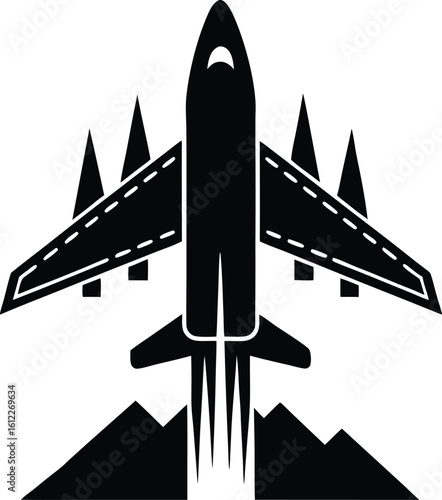 Spacecraft Launching from Mountainous Terrain Ascending Skyward new 2025 trendy silhouette vector in white background