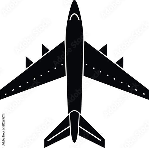 Top View of a Sleek Black Airplane in Flight new 2025 trendy silhouette vector in white background