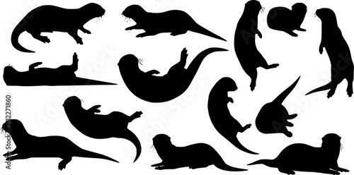 Vector illustration of otter silhouettes in various poses
