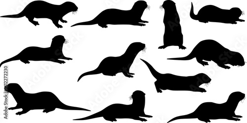 Vector illustration of otter silhouettes in various poses
