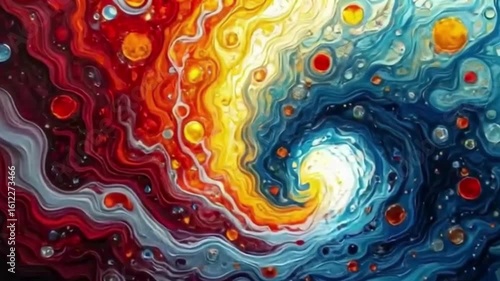 Vibrant swirling cosmic energy unfolds in a mesmerizing dance of fiery reds, sunny yellows, and cool blues, creating a dynamic and captivating abstract flow