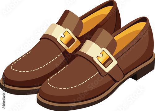 Classic brown leather loafer shoes with gold buckle