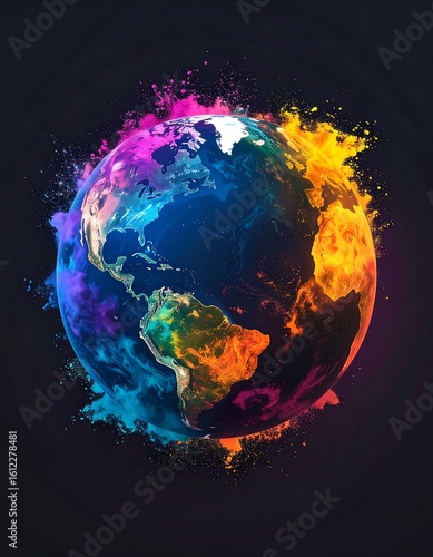 Earth engulfed in vibrant paint splatter