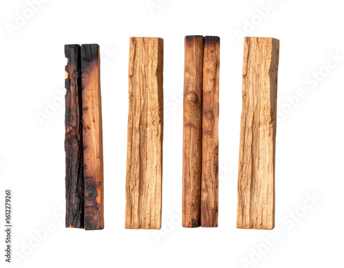 Four Palo Santo sticks, one charred, showcasing natural wood texture and spiritual cleansing properties