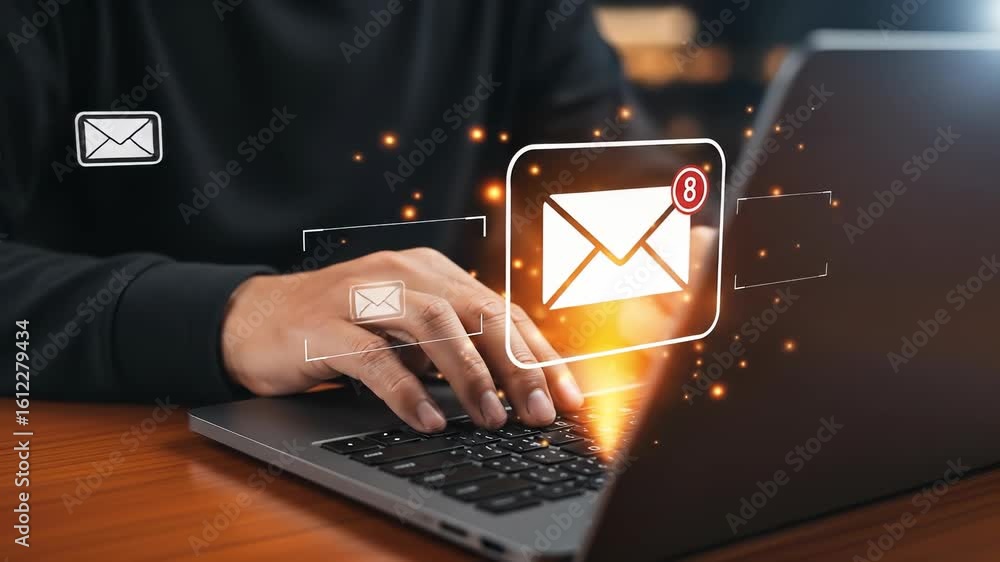 Unread Emails Overload: Man Typing on Laptop with Email Icons and Notifications - Managing Digital Communication & Inbox Zero