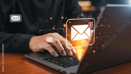 Unread Emails Overload: Man Typing on Laptop with Email Icons and Notifications - Managing Digital Communication & Inbox Zero