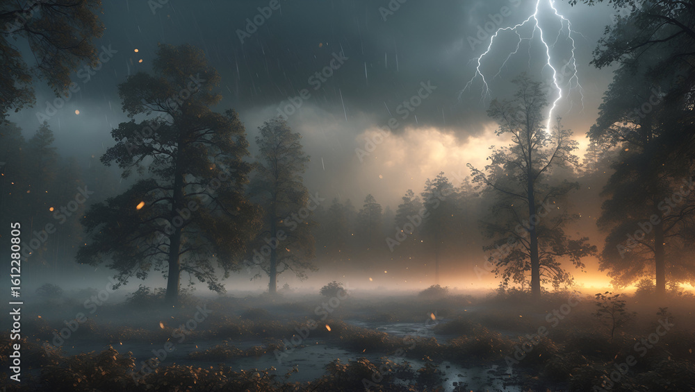 Naklejka premium Stormy forest landscape with lightning strikes, creating a dramatic and atmospheric scene.