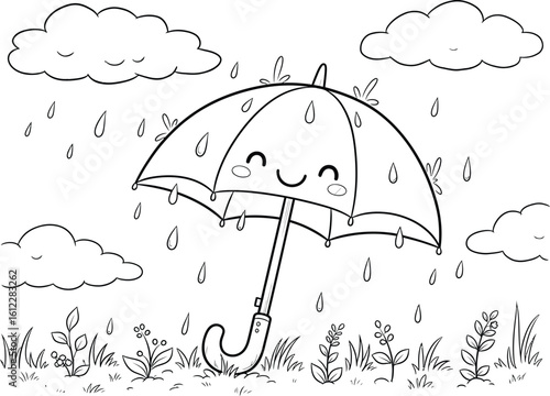 Cute kawaii umbrella coloring page. Happy cartoon character in the rain with smiling clouds for a children's coloring book.