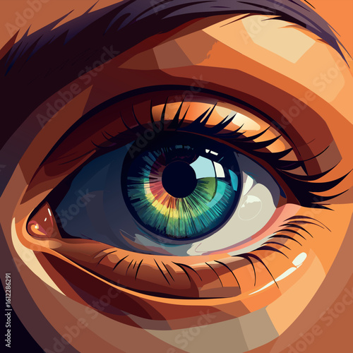 Intricate close-up of a colorful eye showcasing detailed patterns and vibrant hues during daylight Generative AI