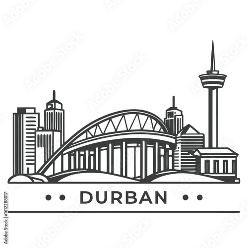 Black and white illustration of the Durban skyline featuring a prominent bridge and tower city