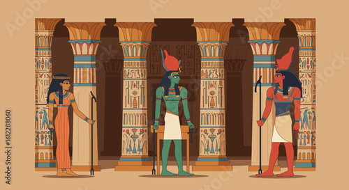 Ancient Egyptian deities Ra, Isis, and Osiris stand majestically within a grand temple adorned with hieroglyphs and ornate pillars, evoking history and mythology.